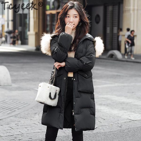

tcyeek women winter down jacket long down coat female large fur hooded warm clothes thick slim jacket ladies overcoat hiver 90021, Black