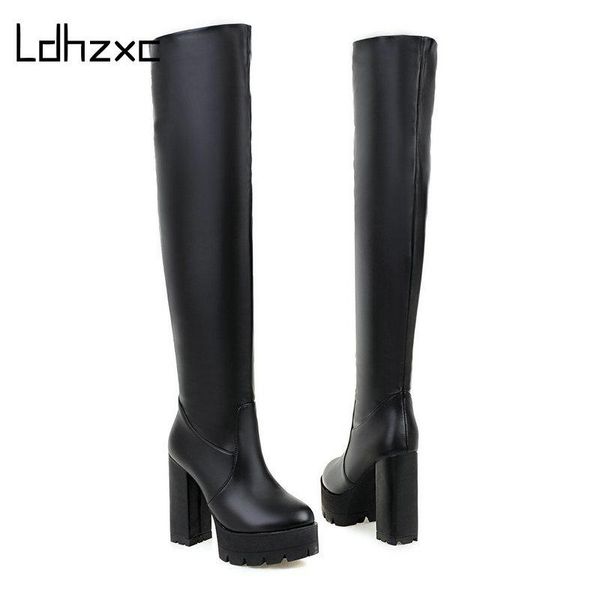 

boots ldhzxc band designer pu leather women over the knee high round toe long platform heel black