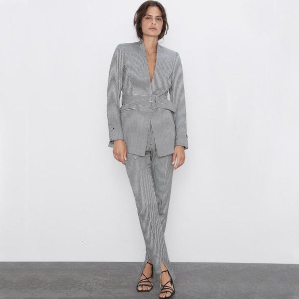 

rr houndstooth blazers women fashion v neck jackets women elegant tie belt waist pockets suits female ladies il1, White;black