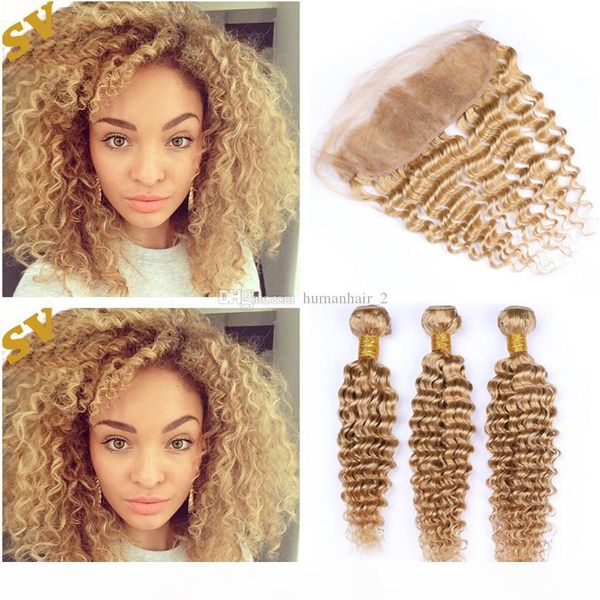 

deep wave honey blonde human hair weaves with lace frontal closure #27 strawberry blonde hair extensions with lace frontal closure 4pcs lot, Black;brown