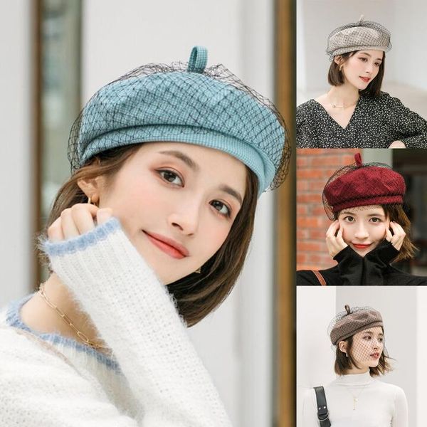 

berets women vintage solid color beret cap with netting mesh veil winter british style beanie hat retro french octagonal, Blue;gray