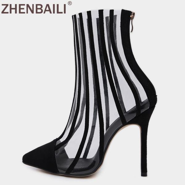 

boots zhenbaili striped transparent pvc ankle for women pointed toe stiletto clear thin high heels shoes woman summer nude pumps, Black