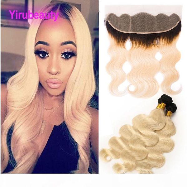

indian 1b 613 color body wave indian raw virgin hair 4 pieces lot 1b 613 bundles with 13x4 lace frontal body wave ombre hair productsl, Black;brown