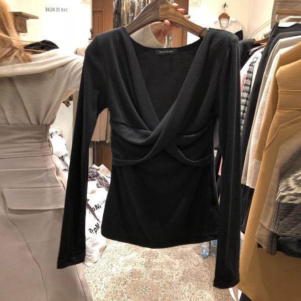

south korea east gate autumn 2020 new fashion cross v-neck design coat t-shirt sense long sleeve t-shirt women solid color versatile top, White