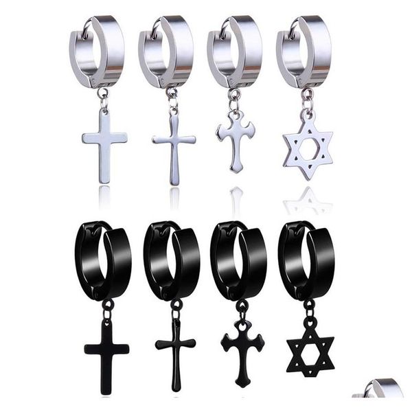 

hypoallergenic stainless steel cross star dangle earrings men punk fake piercing clip on hoop earrings for women fash sqcexs queen66, Silver