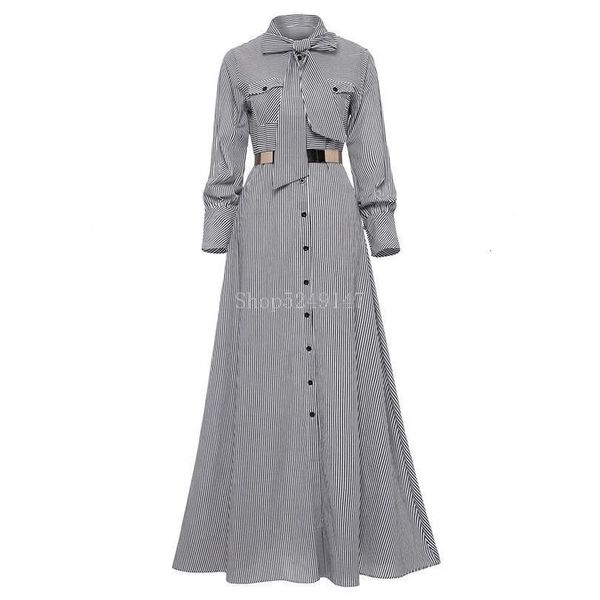

women striped maxi dress floor length bowknot tie long sleeve loose button dress autumn pocket elegant a line casual long dress, Black;gray
