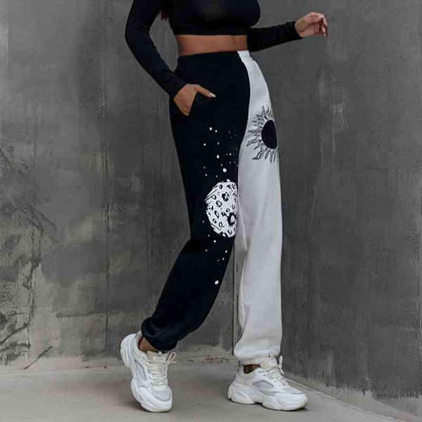 

streetwear sweatpant women fashion sun and moon pattern print patchwork pants autumn elastic waist pocket harajuku sport trouser, Black;white