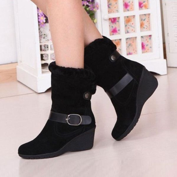 

winter boots with fur round toe female shoes plush ladies 2020 wedge mid calf large size rubber low flock basic lace-up1, Black