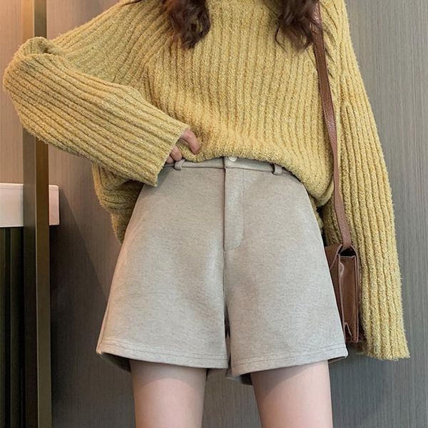 

autumn winter casual woolen shorts women high waist office shorts solid vintage wide leg femme 566, White;black