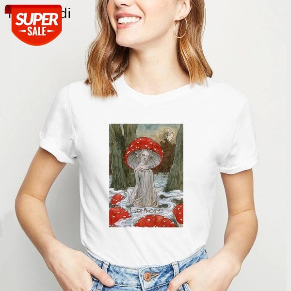 

mushroom girl in red dress print tshirt women plus size vogue funny t shirts femme 90s aesthetic clothes female t-shirt #a95z, White
