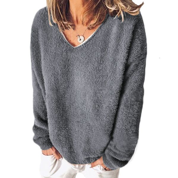 

women's sweater autumn v neck long sleeves furry loose pullovers fashion solid color soft warm ladies clothing sweaters, White;black