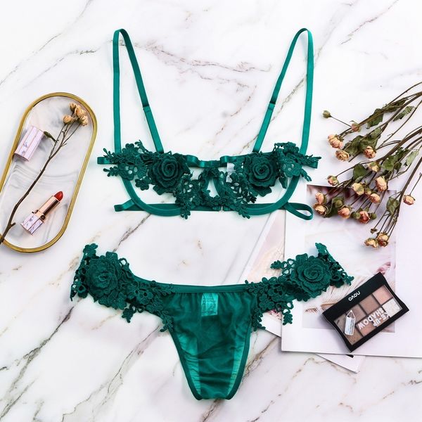 Erótico rosa verde apliques underwire sexy mulheres intimates 2020 tangas três pontos transparente feminino roupa interior sutiã conjunto y200708