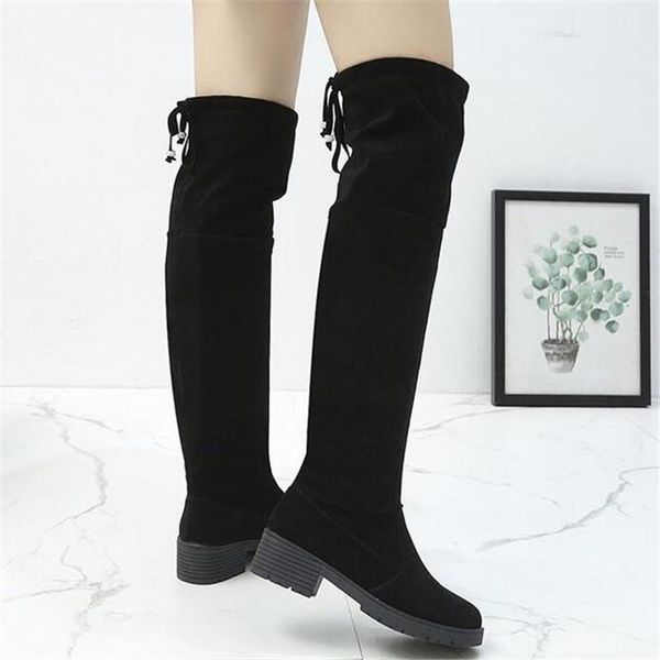 

2020 new winter women's boots fashion women's over the knee boots women stretch fabric warm back lace up zapatos de mujer, Black