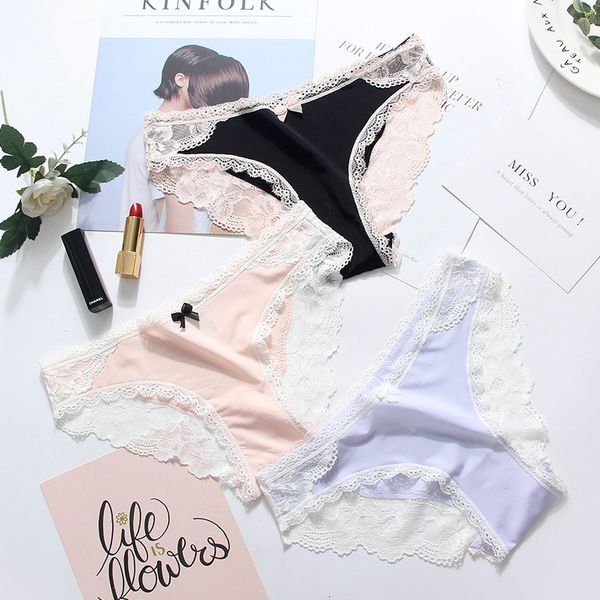 

pink lotus leaf lace milk silk ice silk mesh women's briefs, Black;pink