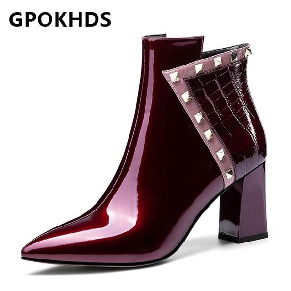 

gpokhds 2021 women ankle boots cow leather winter short plush pointed toe zipper rivet high heels female boots size 40, Black