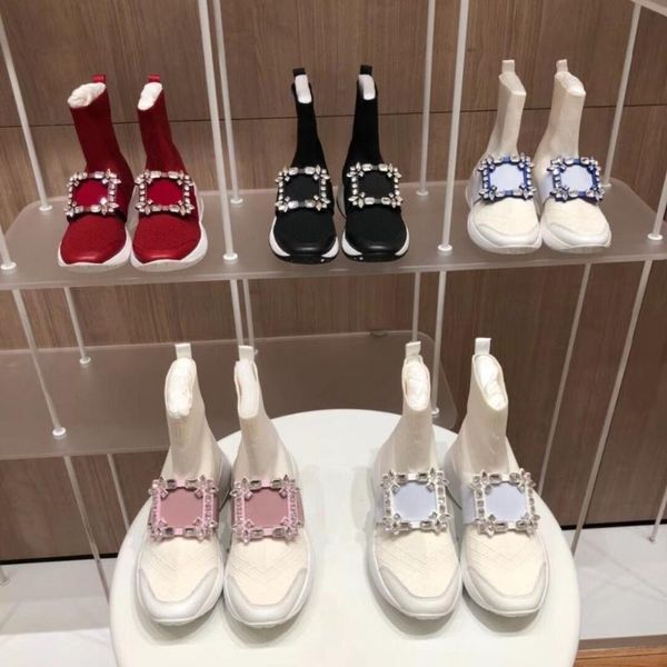 

brand sock boots woman wedge platform casual shoes lady crystal knitting short boots platform designer, Black