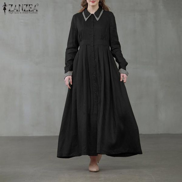 

zanzea fashion women maxi long dress 2021 spring lapel neck shirt dress casual elegant plaid patchwork long sleeve vestidos, Black;gray
