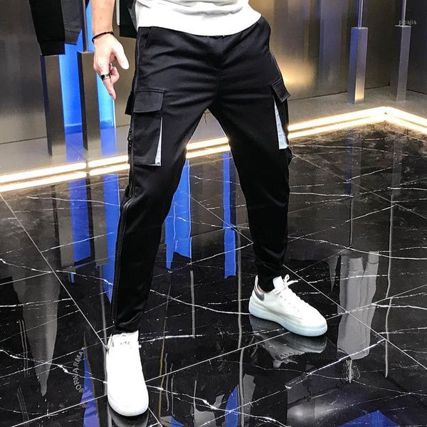 

europe 2020 men's autumn new style overalls zipper stitching multi pocket fashionable small foot casual pants sports men1, Black