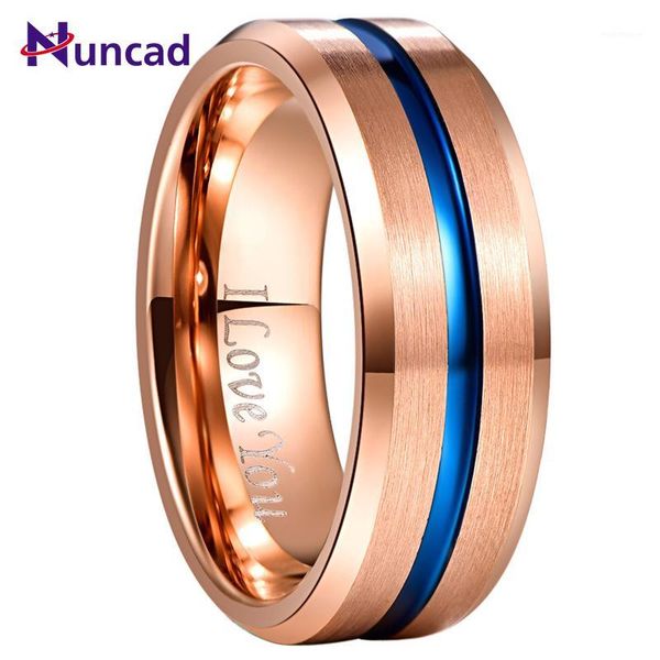 

wedding rings nuncad 8mm width tungsten carbide ring full rose gold + blue groove angle band steel men's1, Slivery;golden