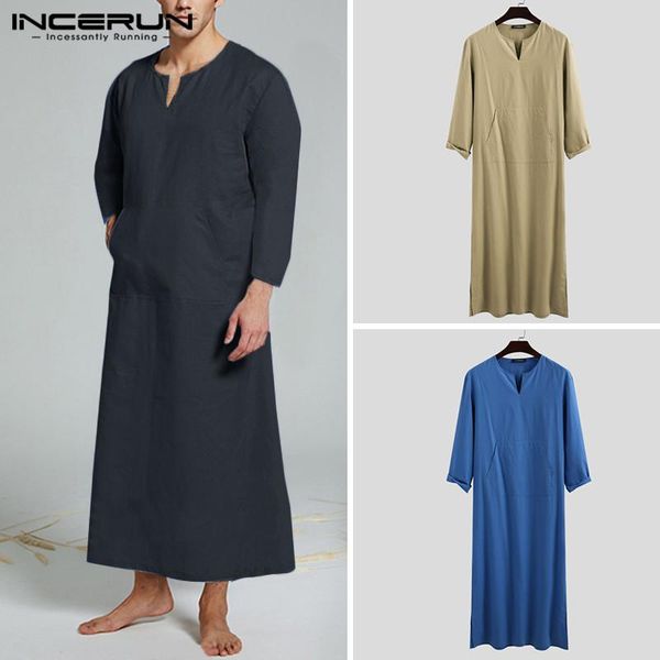 

men cotton robes homewear solid long sleeve bathrobe v neck pockets sleepwear vintage cozy men nightgown incerun plus size s-5xl, Black;brown