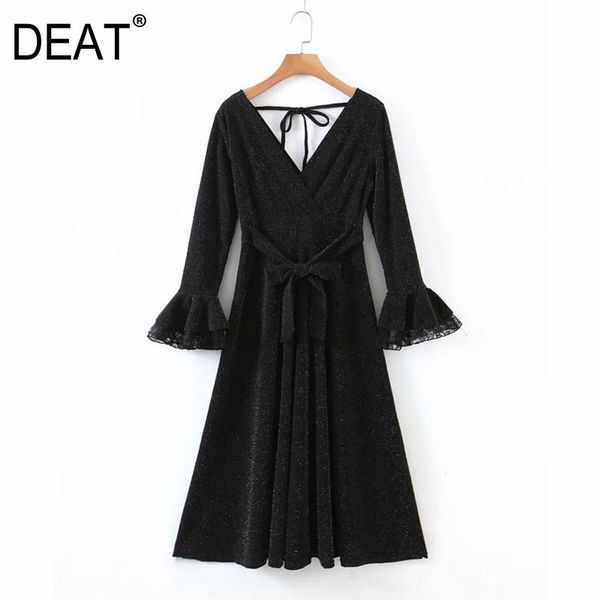 

casual dresses [deat] 2021 spring autumn fashion personality women v-neck high waist flare sleeve bronzing solid color a-line dress 13u885, Black;gray