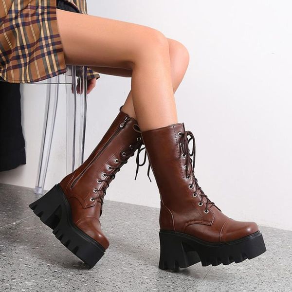 

brand new big size 44 platform chunky heels cool design shoelace motorcycles boot fashion winter boots shoes women, Black
