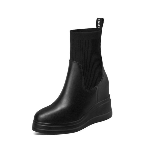 

women genuine leather wedges high heels platform ankle boots fashion women boots night club shoes woman winter short, Black