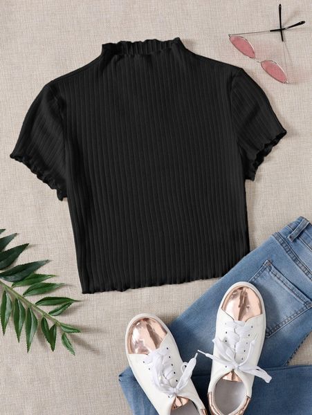 

plus mock neck lettuce trim rib-knit tee o9hv#, Black