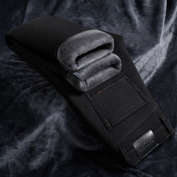 

shan bao men's straight fit black jeans cotton stretch winter fleece thick comfortable warm brand jeans size 29-42 q0105, Black;white