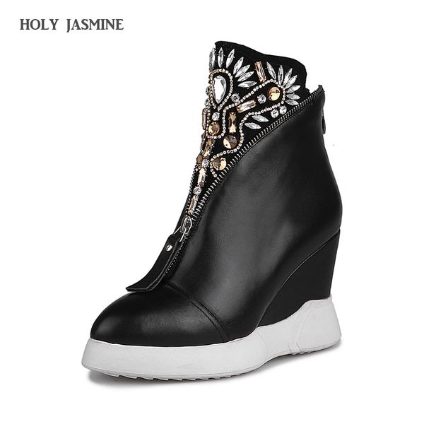 

new 2017 women boots winter pointed toe wedges chunky heel zipper fashion black ankle boots crystal t200425