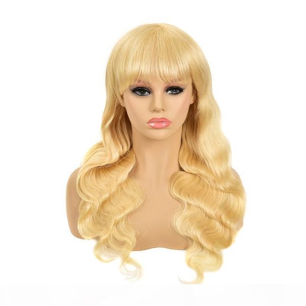 

blonde human hair wig with bangs 613 body wave non lace front wigs for women brazilian remy hair wig 8-26inches, Black;brown
