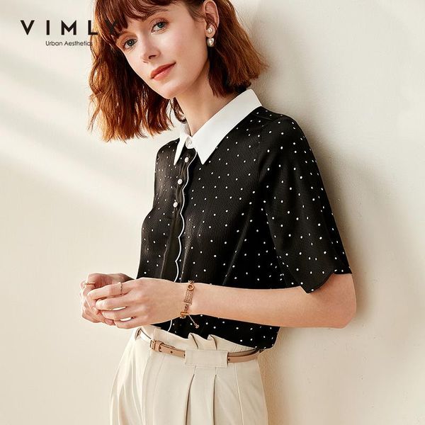 

vimly 2021 summer women fashion dot printed blouse office lady vintage lapel loose short sleeve female chiffon blouse f0722, White
