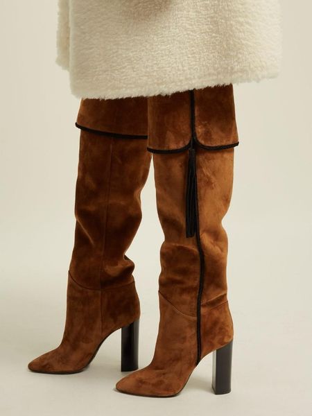 

long black tan suede leather stretch over the knee boots woman shoes chunky high heel sock lace up botas mujer invierno