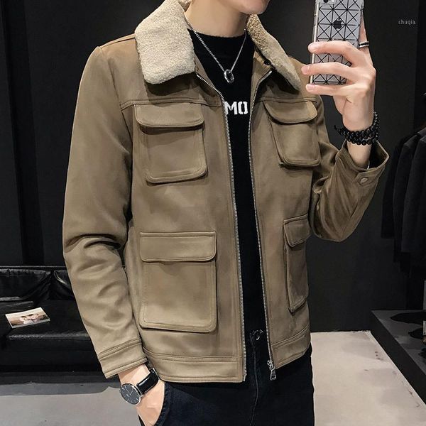 

brushed and thick men's berber fleece fur collar guest split suede leather coat england trend handsome youth workwear coat men's1, Black