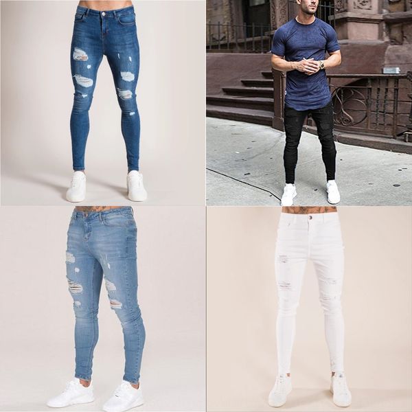 

новый промывают плотно jeanstrousers jeansknee hole мужские брюки новые джинсы мыть узкие джинсы и jeanstrousers и jeansknee hole мужские бр, Blue