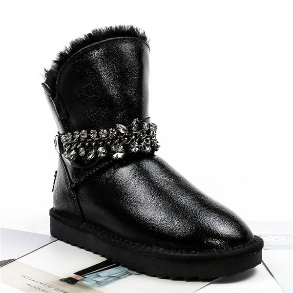 

natural wool genuine leather waterproof lady thick plush boots women's shoes warm shoes 2020 winter mujer botas woman snow boots, Black