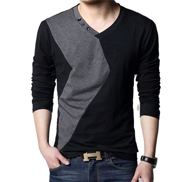 

mens t shirts autumn fashion streetwear long sleeve v neck color patchwork cotton t shirt, White;black
