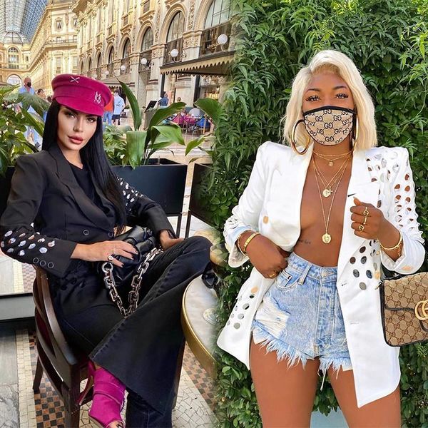 

2020 autumn fashion design street handsome neutral style blazer office lady casual hole hollow blazer white black dropshipping