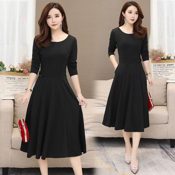 

medium length and large size slim mother long skirt 2020 dress women's solid color over the knee long sleeve autumn dress style big swi, Black;gray