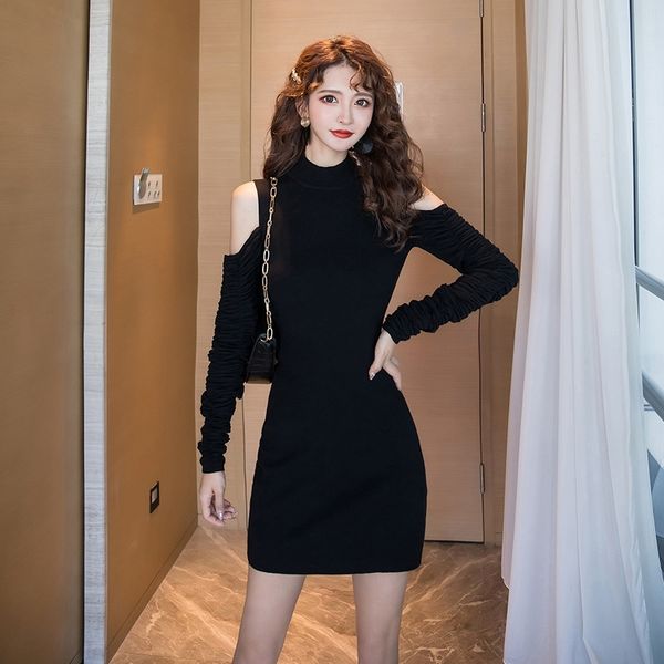 

autumn winter 2020 slim fit mid length korean round neck hollowshoulder long sleeve knitted dress women's bag hip dress d6jvi, White;black