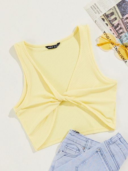 

twist front rib-knit tank crop b1zk#, White