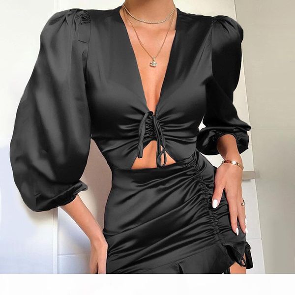

sexy глубокий v шеи платье партии женщины атласная узелок оборками holow out ruched платье женский платье элегантный тонкий мини платья, Black;gray