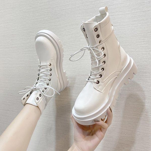 

boots women new 2020 booties ladies lace up shoes luxury designer flat heel round toe lolita med autumn ankle white fashion1, Black