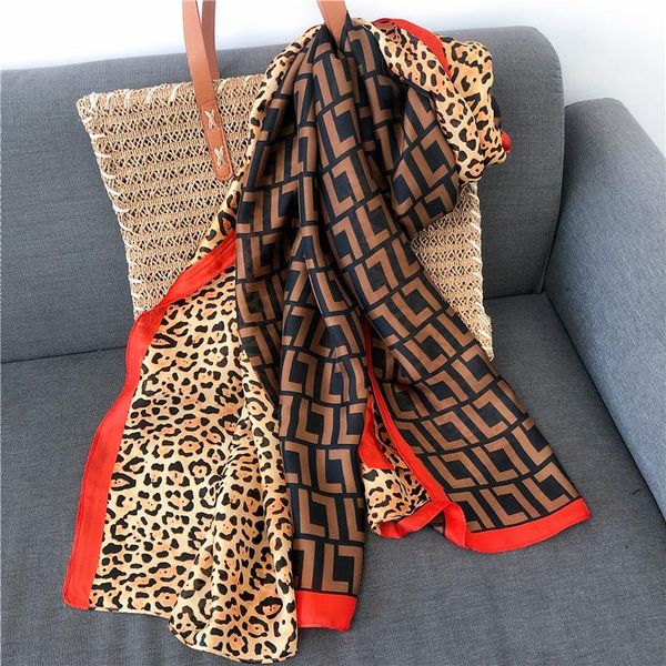 

2020 summer leopard print women's scarf korean new imitation silk leopard print silk scarf summer sun proof shawl letter, Blue;gray