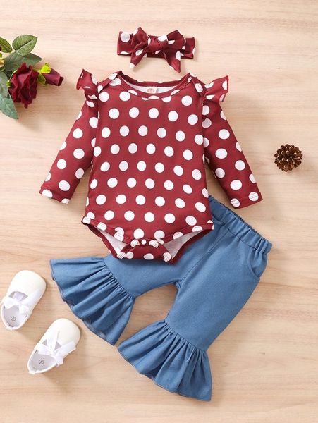

baby polka dot bodysuit & flare leg pants with headband she, White