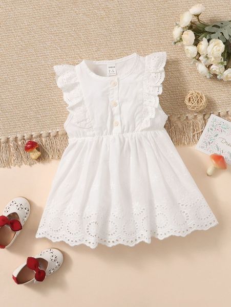 

baby button front eyelet embroidery smock dress she, Red;yellow
