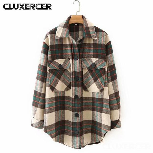 

autumn winter vintage plaid shirt jacket women casual oversize outwear female loose overcoats, Black;brown