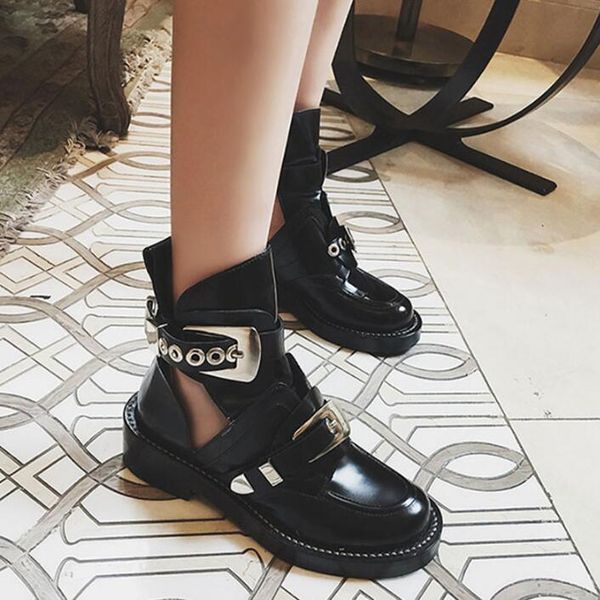 

boots spring cut-out leather ankle gold sliver buckles hardware boot punk shoes classic biker round toe motorcycle, Black