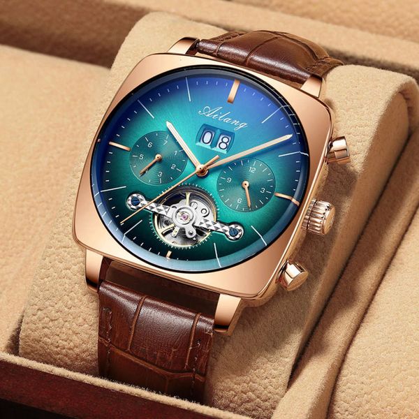 

hollow swiss erlang men's square watch tourbillon multi-functional mechanical watch luminous waterproof automatic men's watch, Slivery;brown