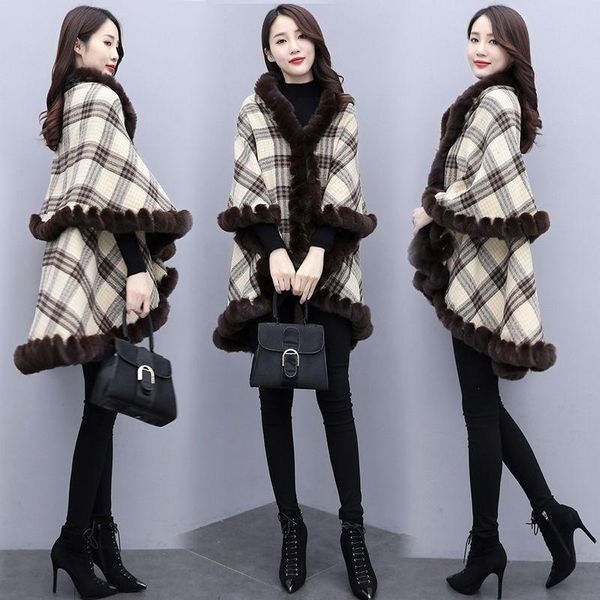 

women's wool & blends shawl knitted woolen coat short fall/winter loose plus velvet thick warm plaid cloak, Black